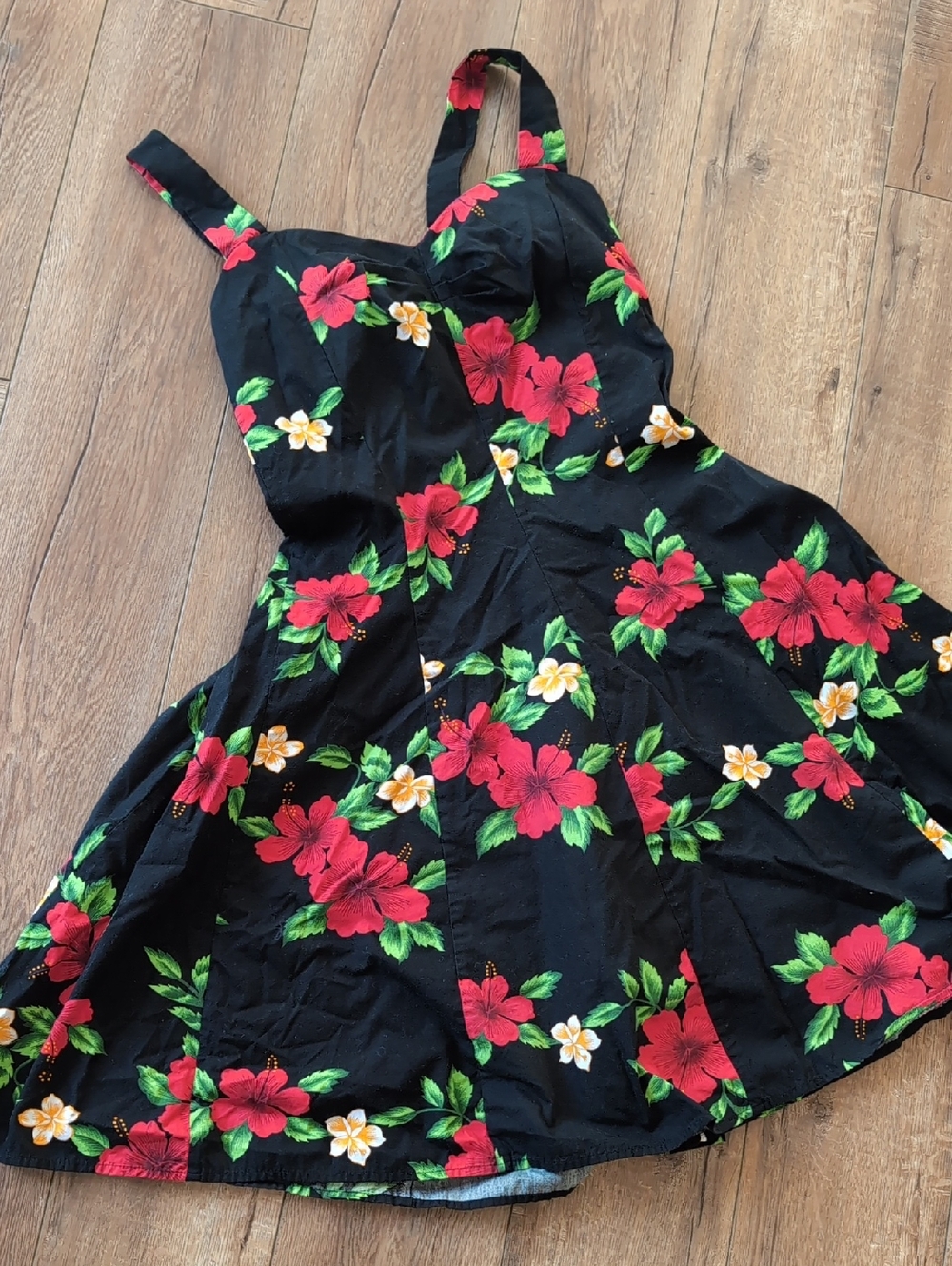 Royal Creations Hawaiian Black Floral Dress with Red Flowers - Size L